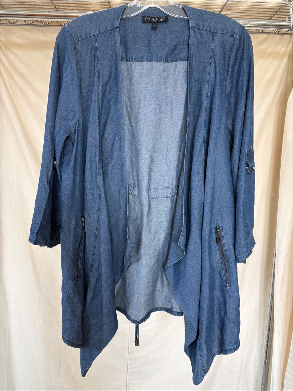 Picadilly Fashion Denim-Style Open Front Trench Coat in Blue
